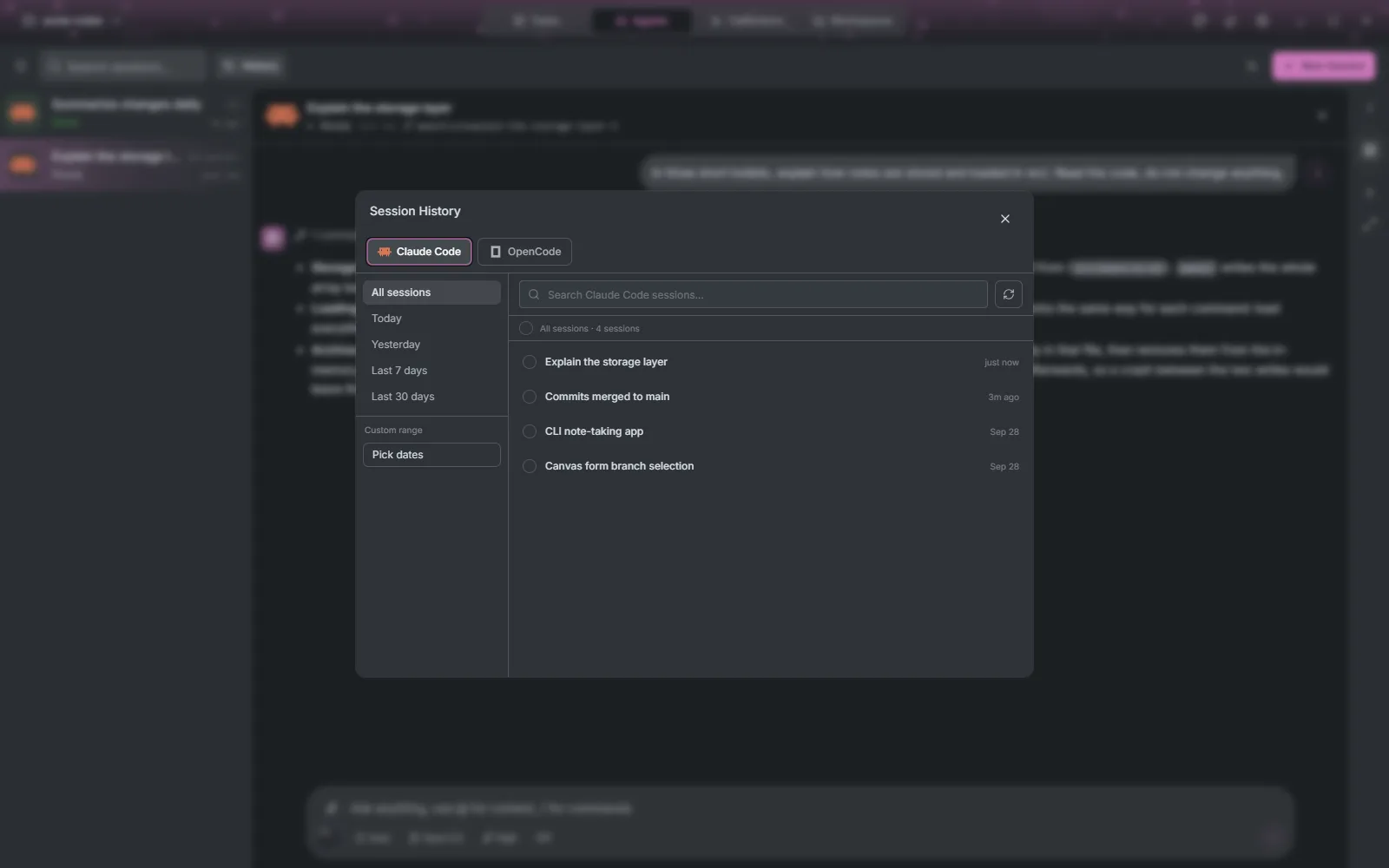 The Session History dialog listing past Claude Code sessions with date filters on the left