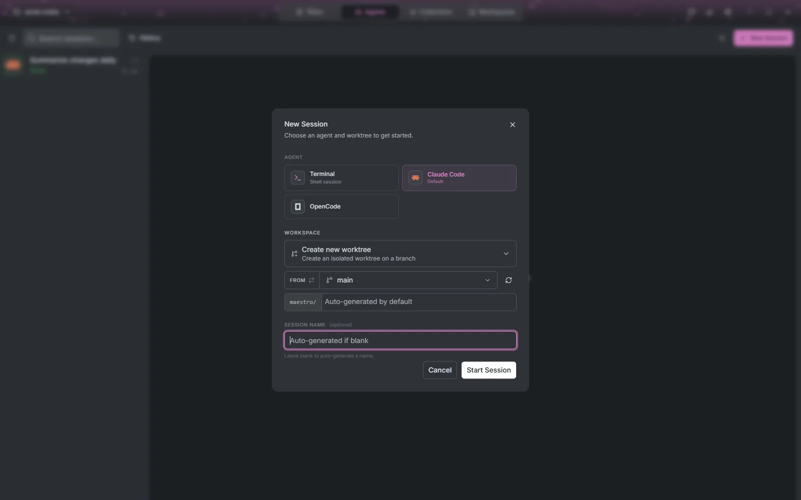 The New Session dialog with Terminal, Claude Code and OpenCode, and a new worktree from main