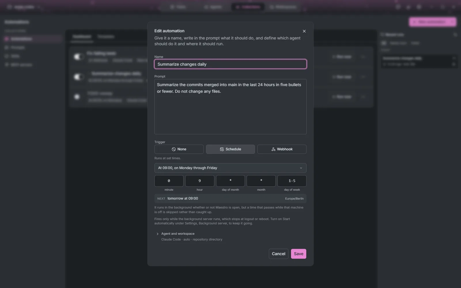 The automation editor with a weekday 09:00 schedule, its five cron fields and the next run