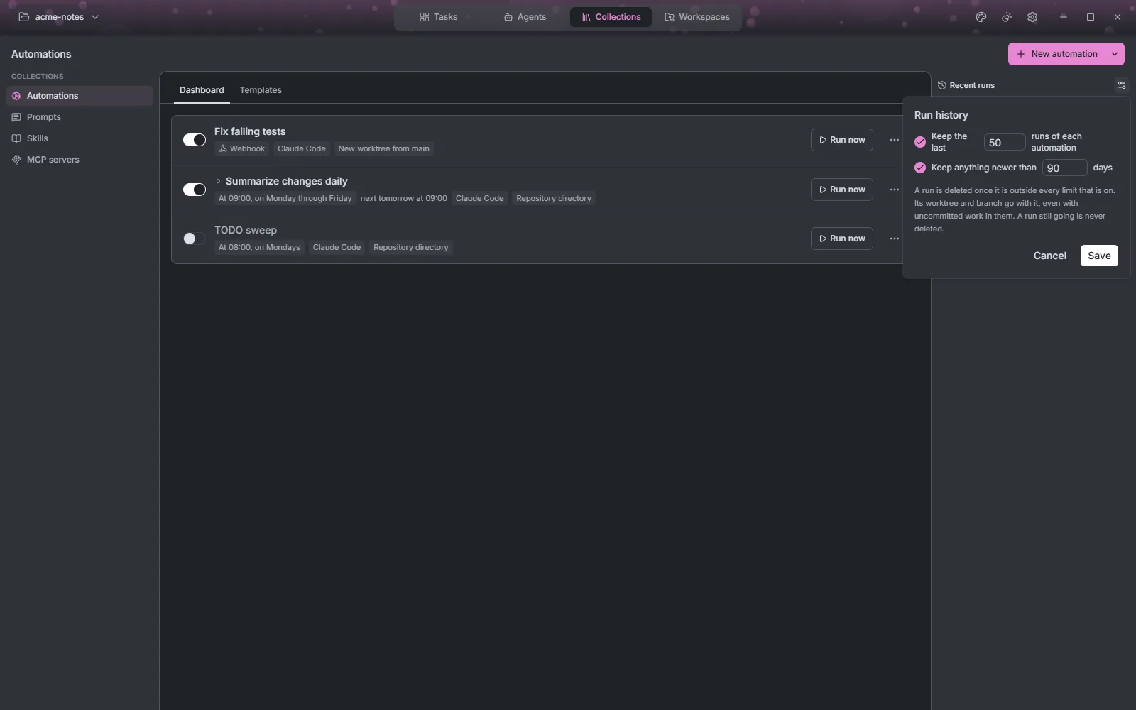 The Run history settings popover keeping the last 50 runs and anything newer than 90 days