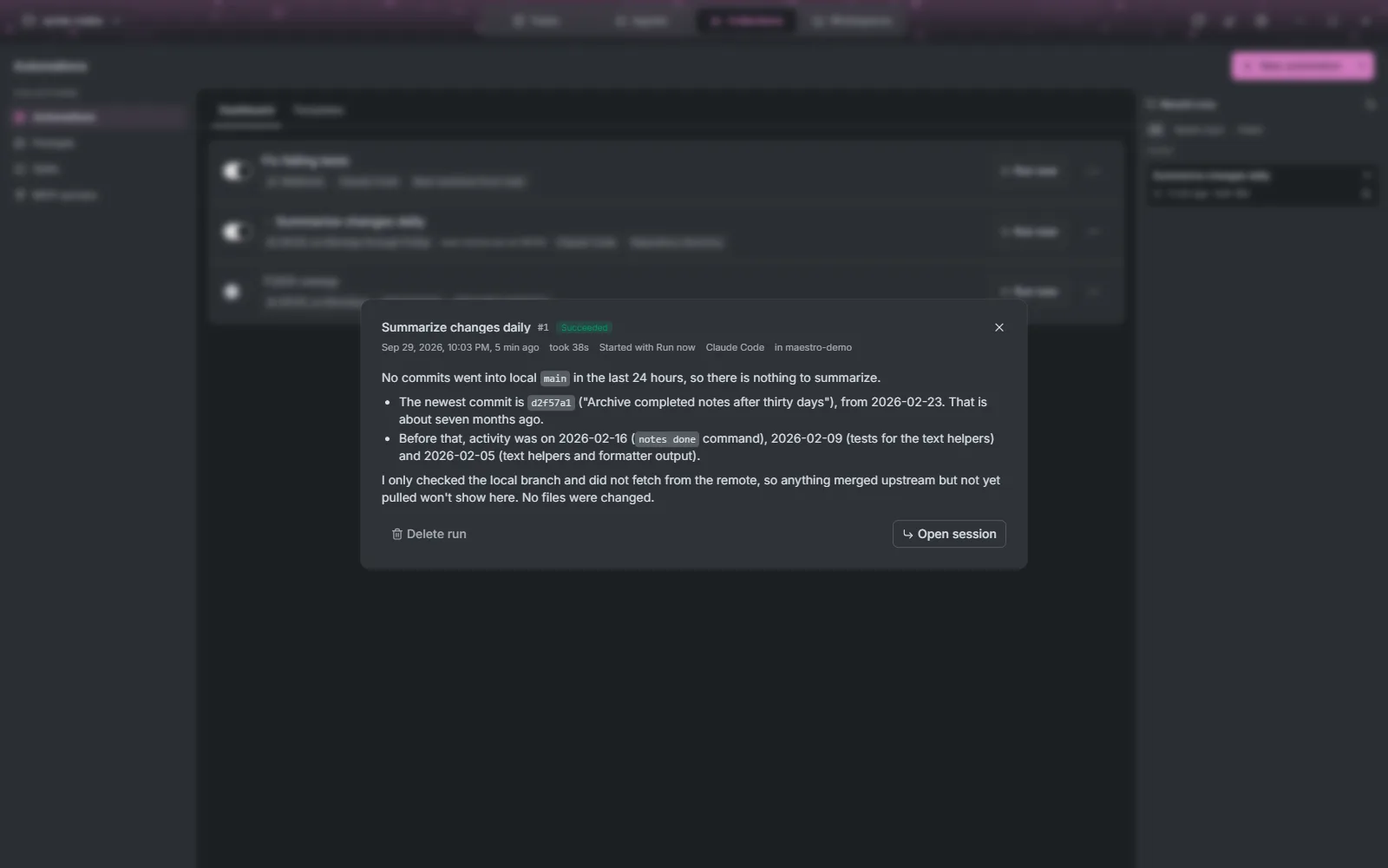 A finished run showing the agent's summary, with Delete run and Open session