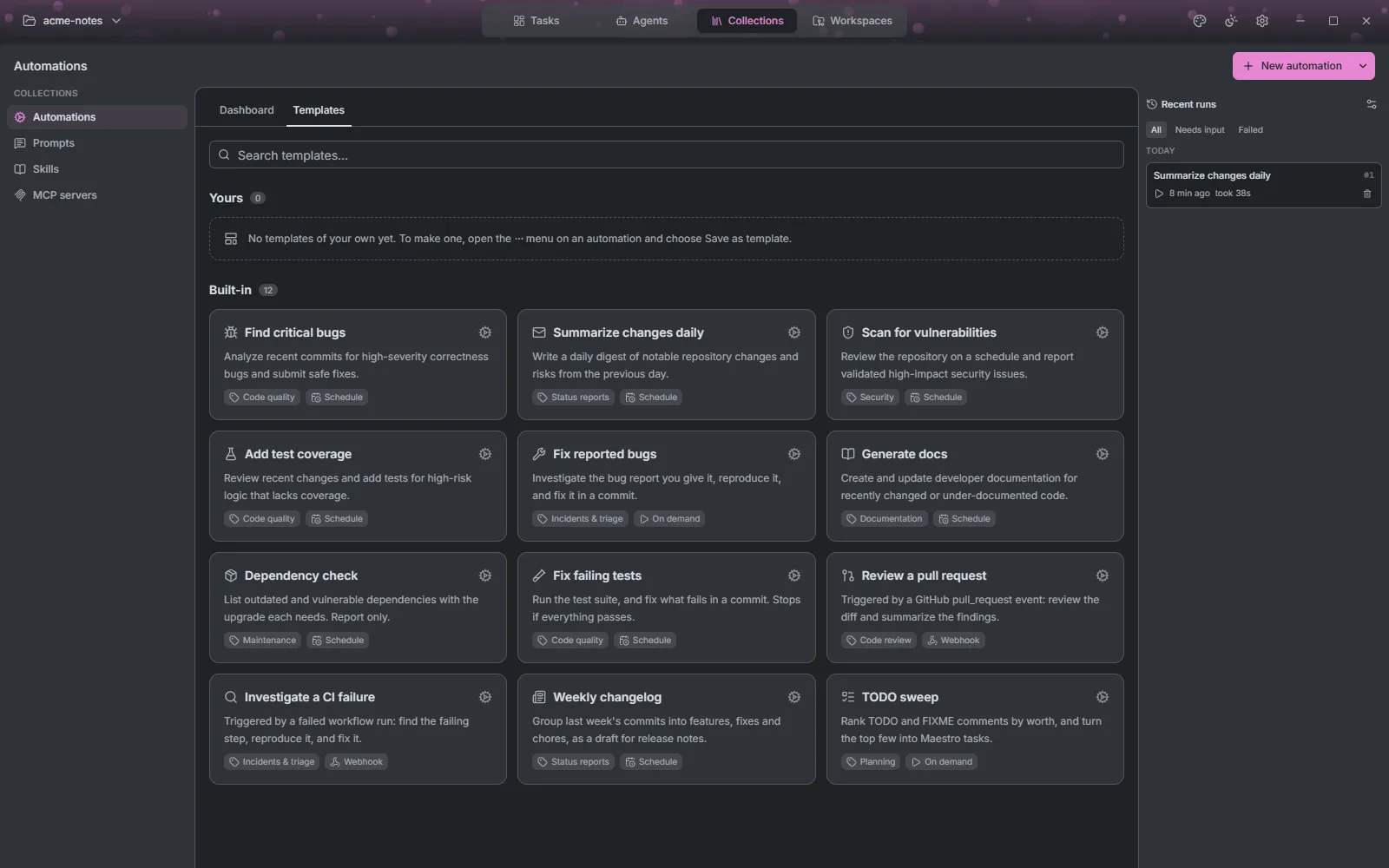 The Templates tab with the twelve built-in templates