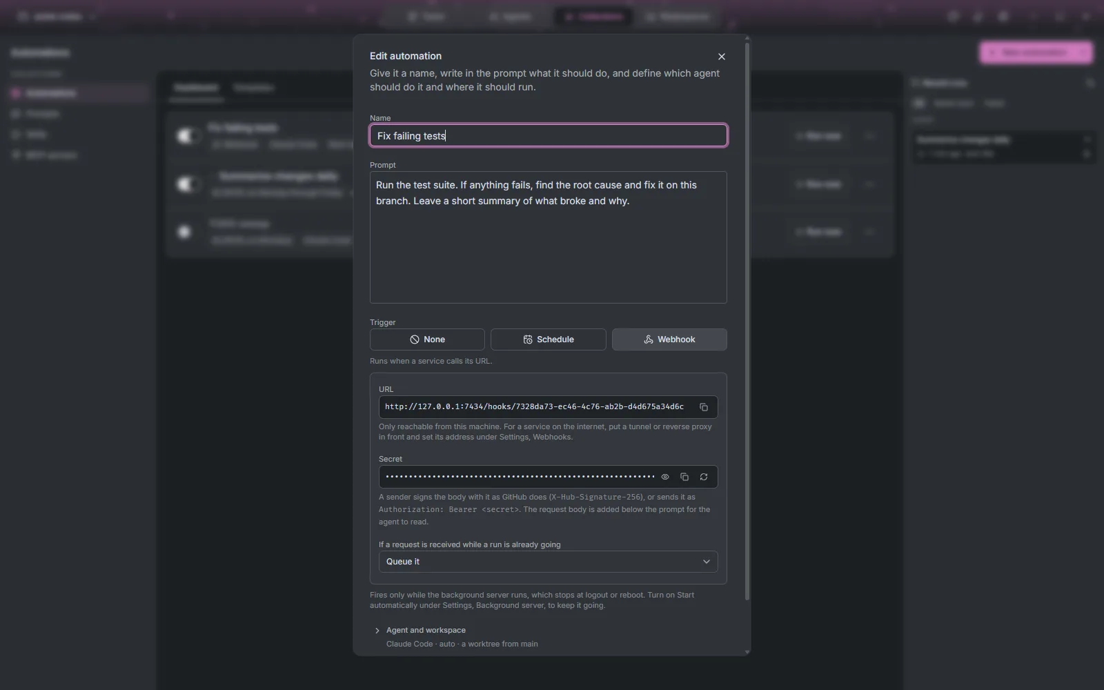 The automation editor with the Webhook trigger, its URL, secret and overlap setting