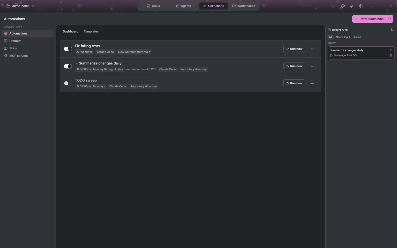 The automations dashboard with a webhook automation, a scheduled one and a paused one, and a run in Recent runs