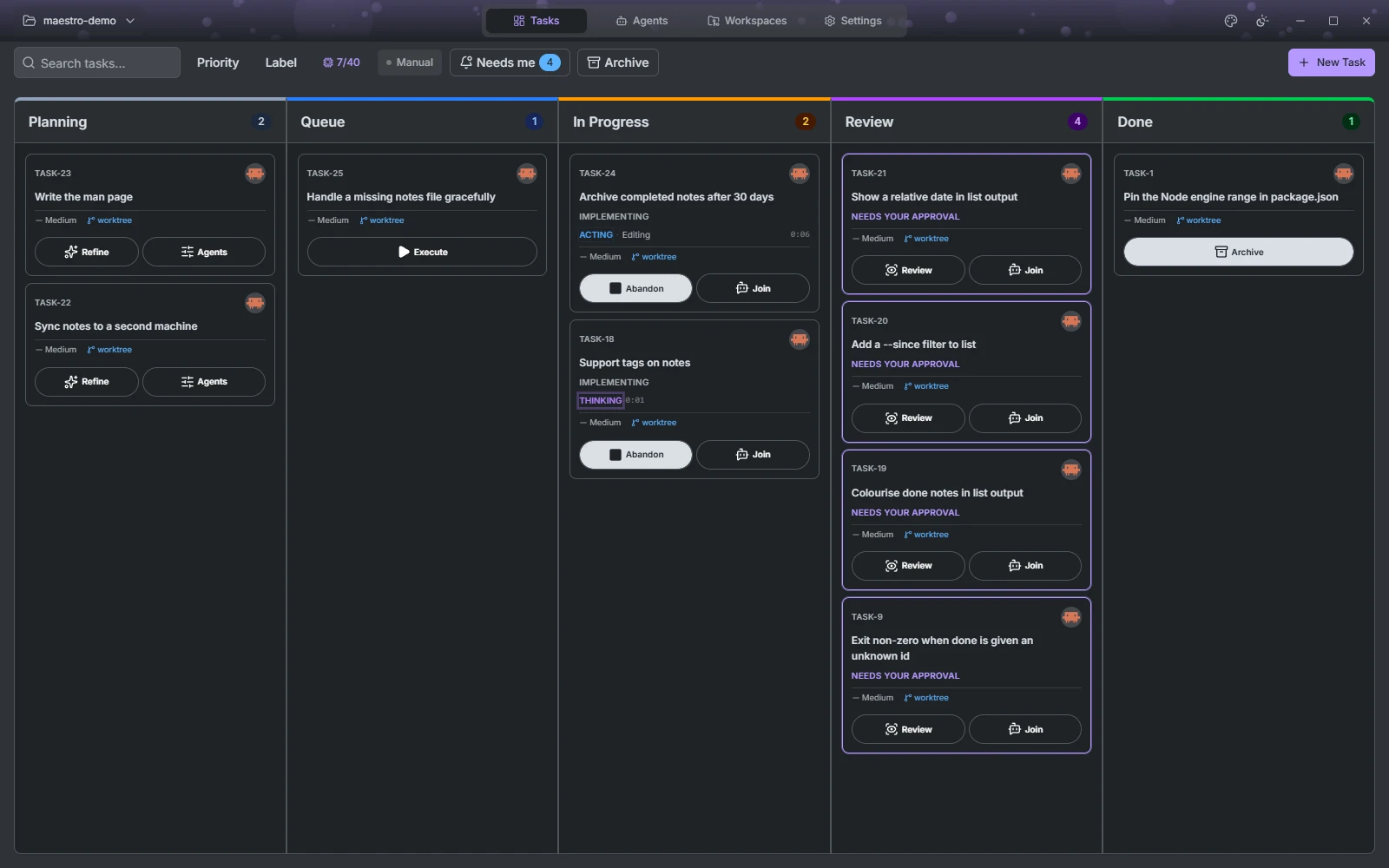 Maestro Kanban board with two agents running on isolated tasks and more waiting in Queue and Review