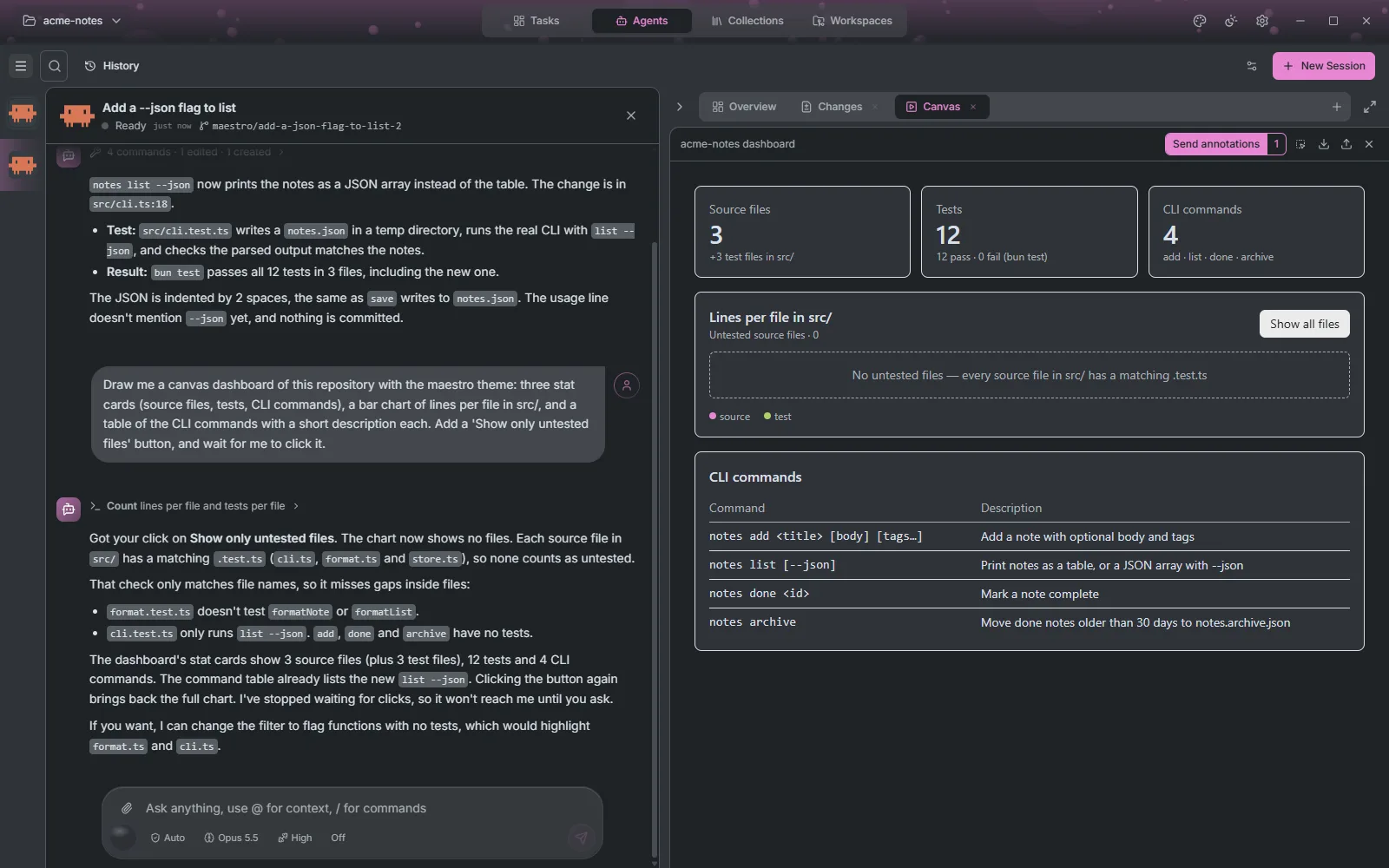 A session with its stream on the left and, in the side panel, a canvas dashboard the agent redrew after the user clicked one of its buttons