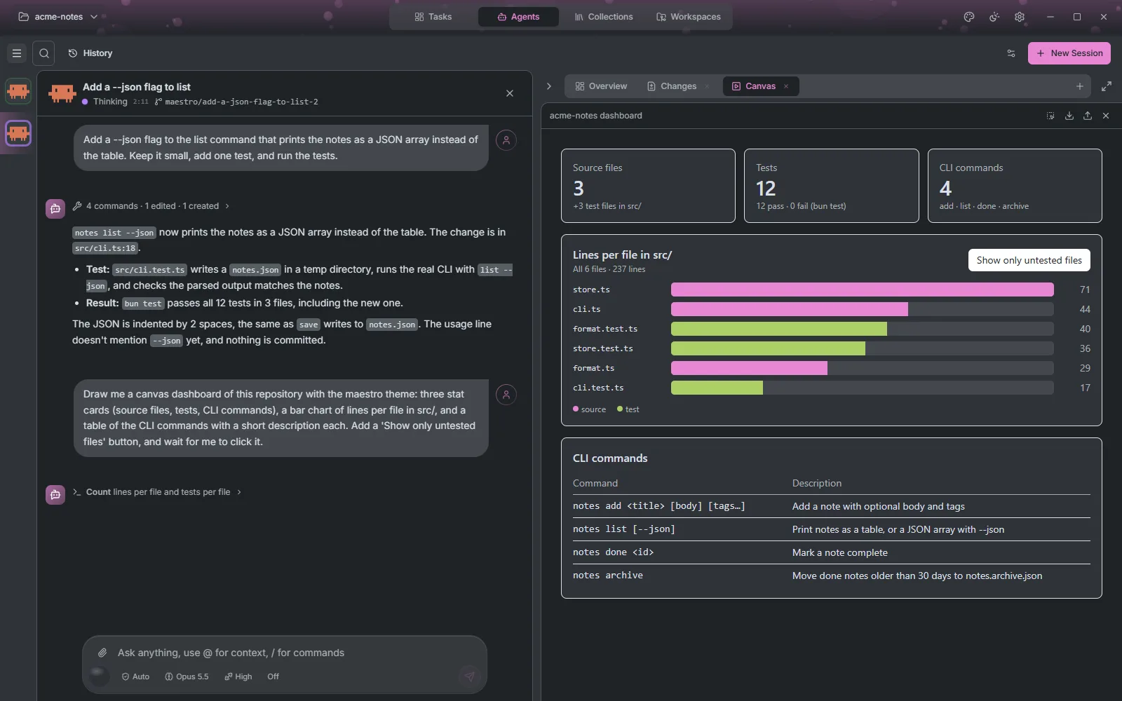 A canvas dashboard with stat cards for source files, tests and CLI commands, a bar chart of lines per file and a table of commands