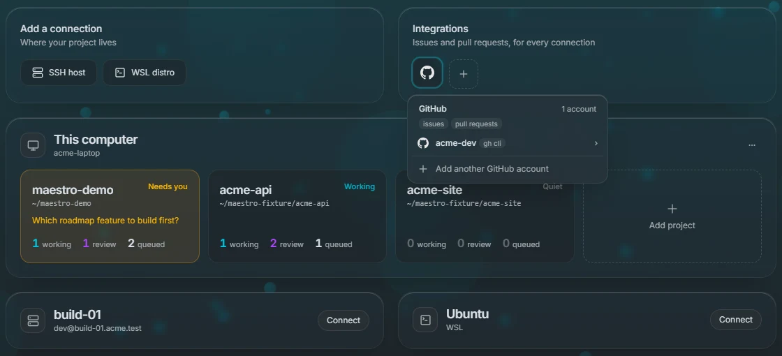 The Integrations panel with a provider's hover card listing its account