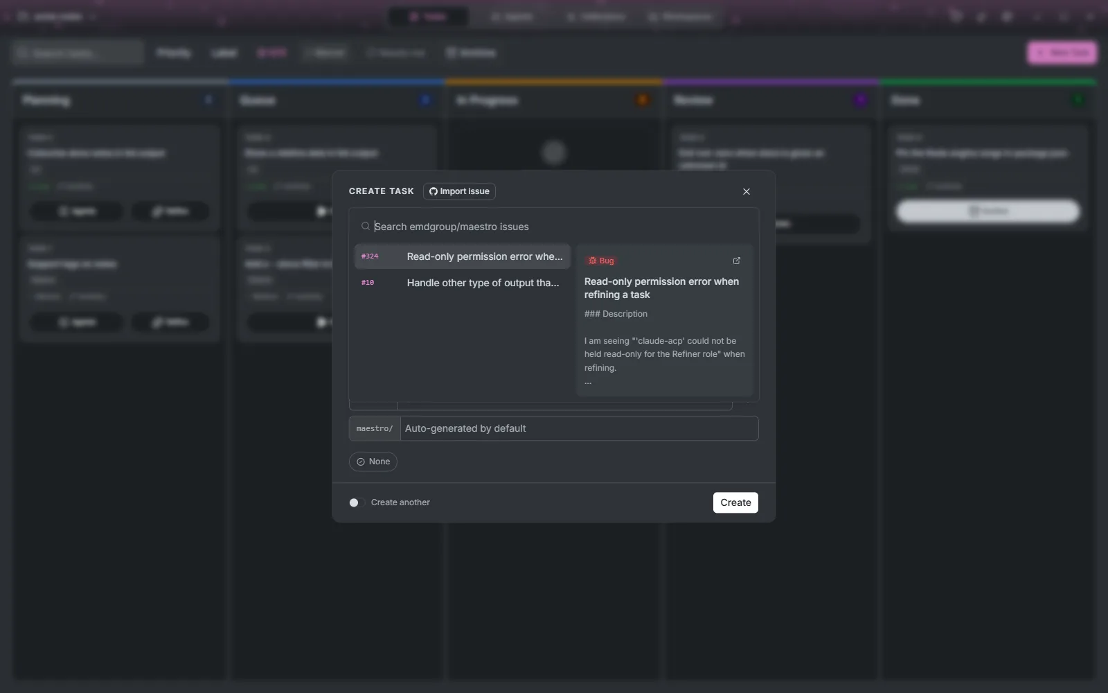 The Import issue list for emdgroup/maestro with a preview of the highlighted bug report