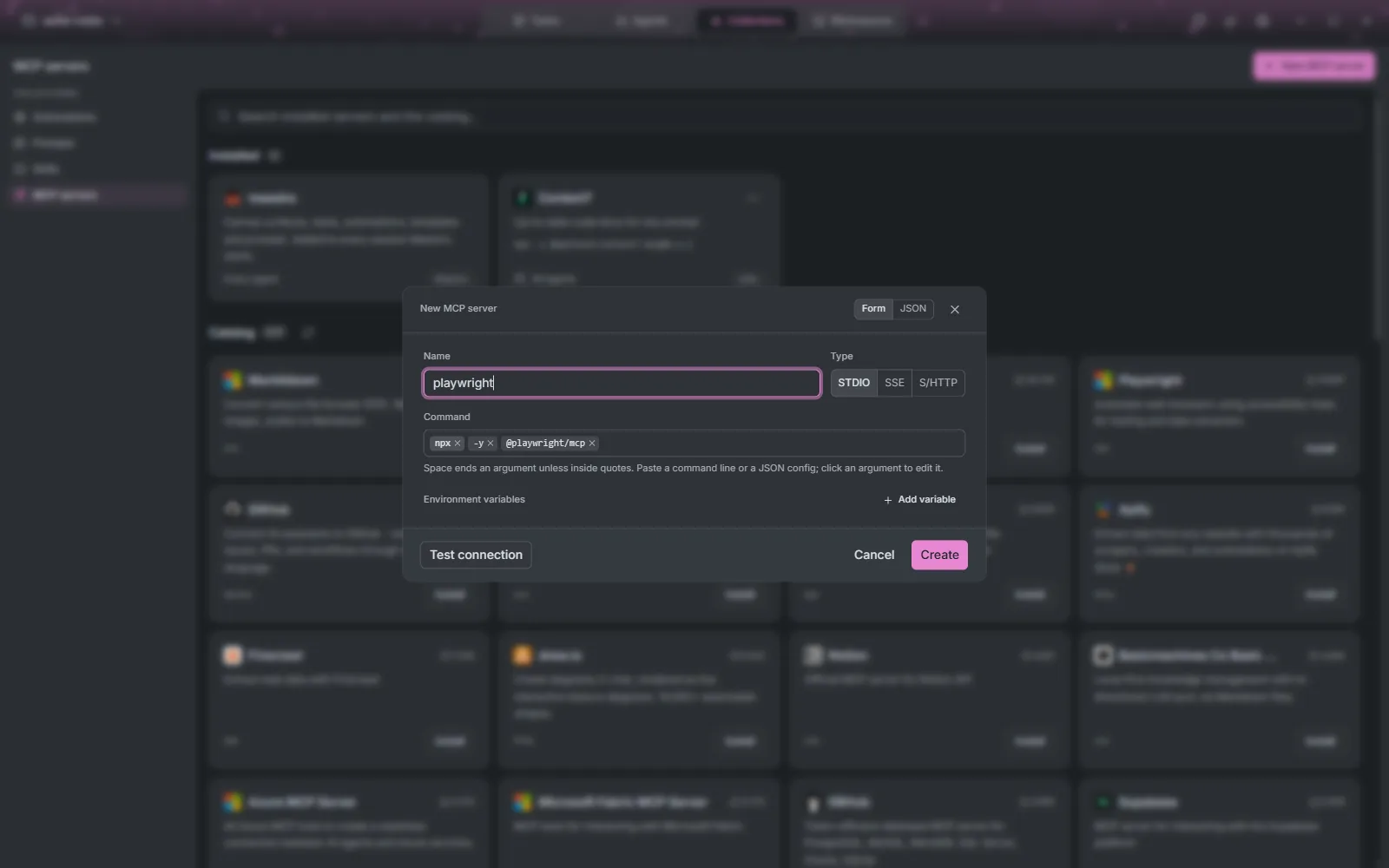 The New MCP server editor pre-filled for Playwright, with the command split into arguments