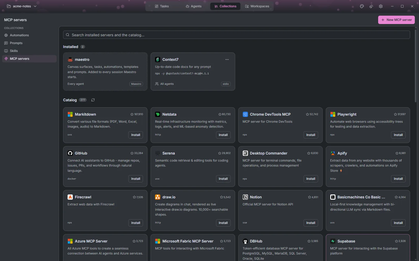 The MCP servers section with the built-in maestro server, an installed server and the catalog