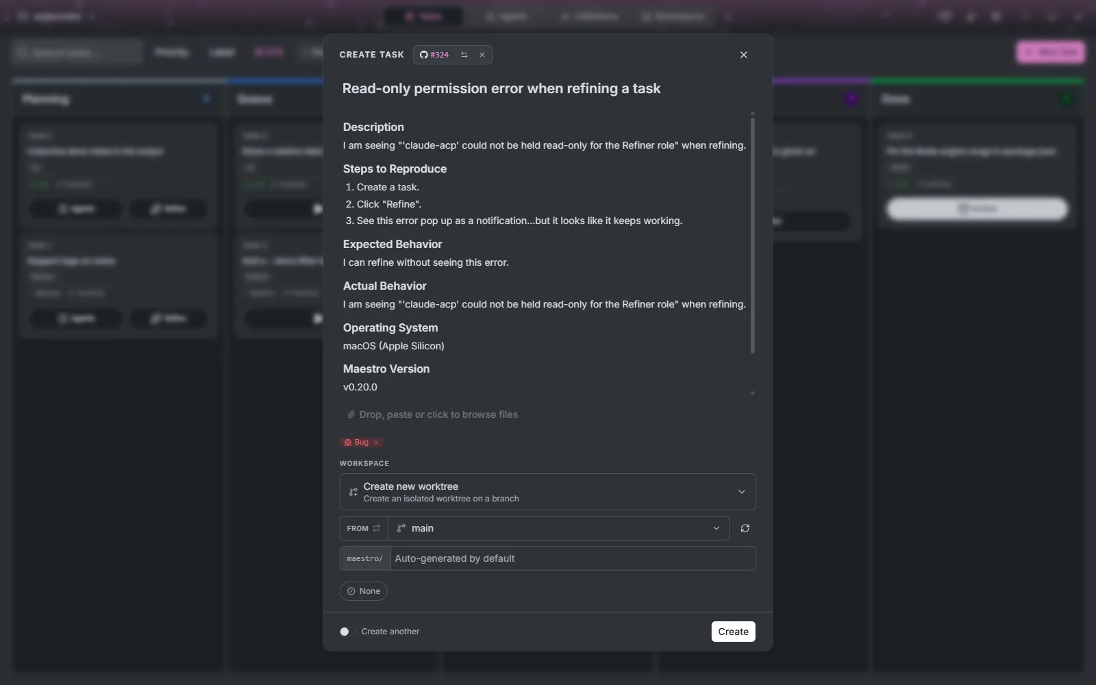 The Create Task dialog filled from GitHub issue #324, with the issue's title, description and Bug label