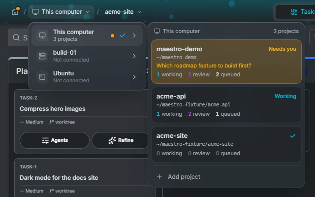 The header's connection menu with This computer's projects listed beside it as small tiles