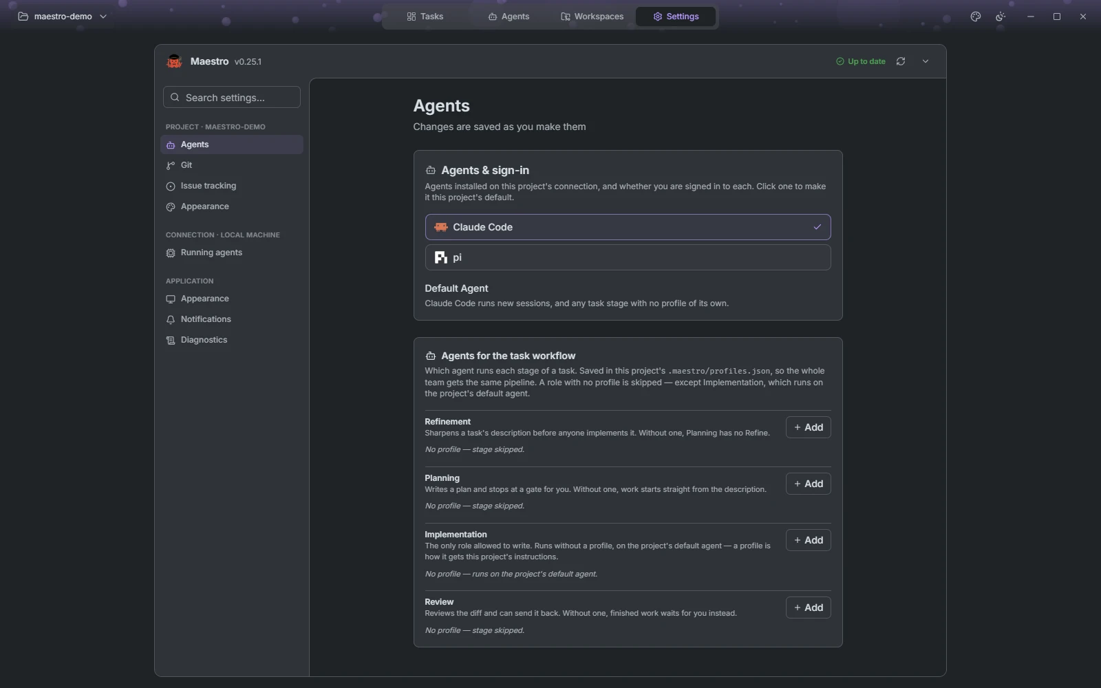 The Agents settings page: installed agents with the default marked, and one profile slot per pipeline role
