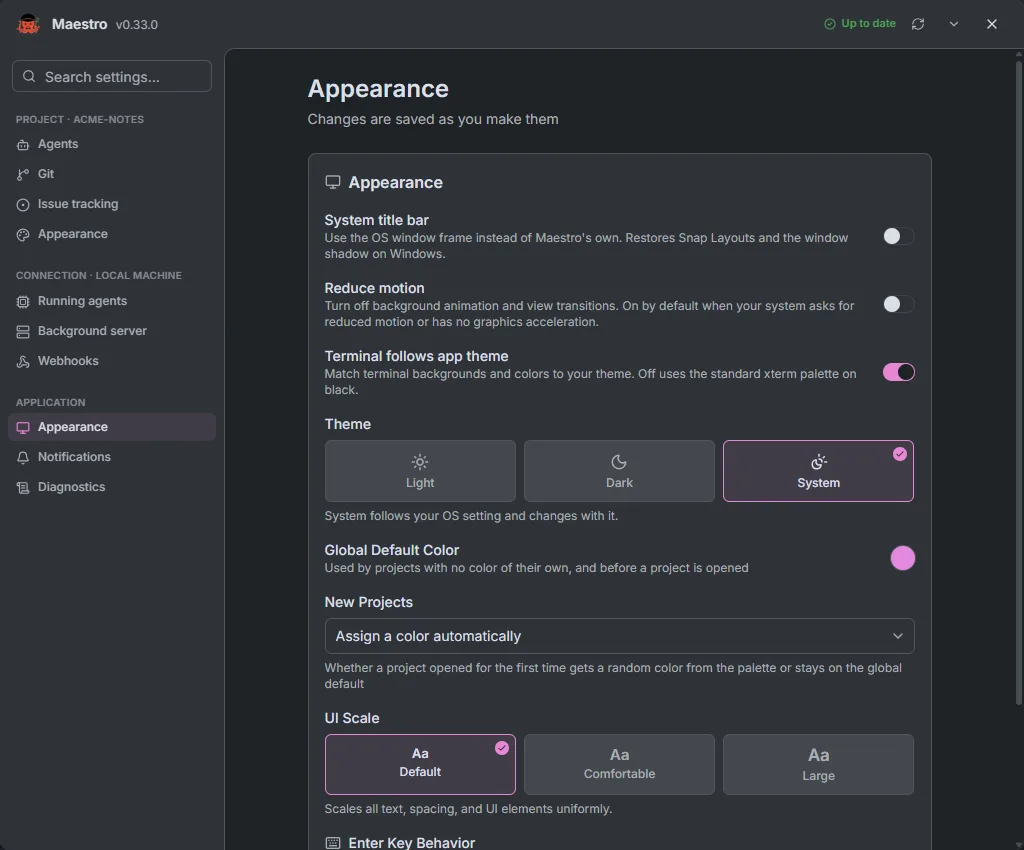 The application Appearance page