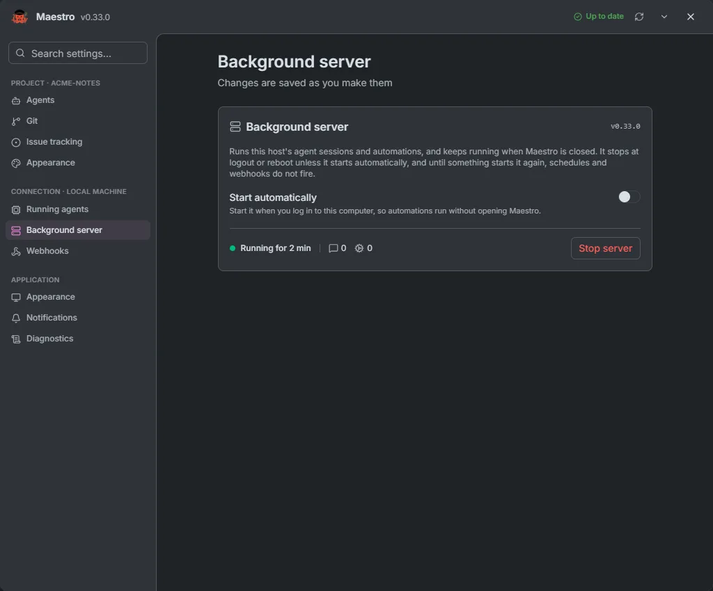 The Background server page with Start automatically, its uptime and Stop server
