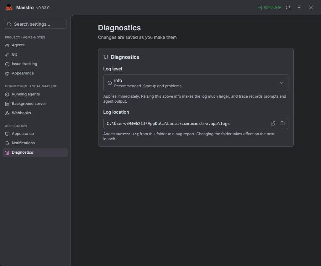 The Diagnostics page with the log level and log location