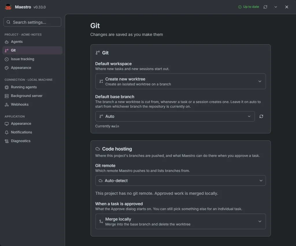The Git settings page with the default workspace, base branch, git remote and approve action