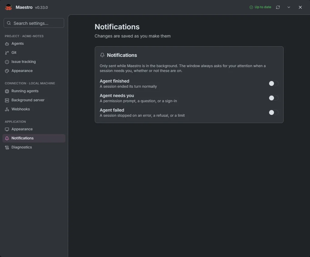 The Notifications page with Agent finished, Agent needs you and Agent failed