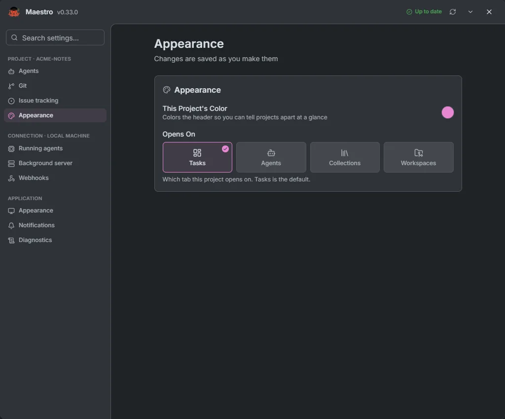 The project Appearance page with the project color and the tab it opens on
