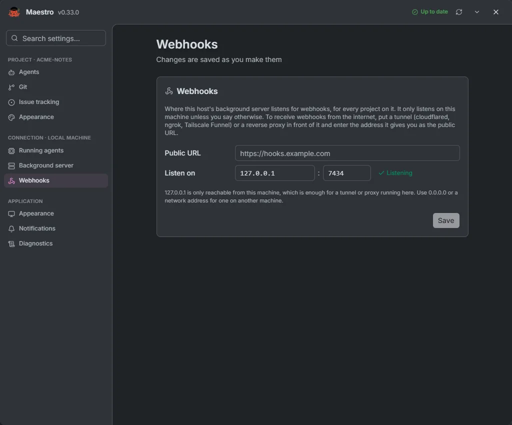 The Webhooks page with the public URL, listen address and port
