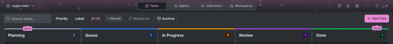 The board toolbar with Ctrl+F and Ctrl+N hints drawn over the search box and New Task