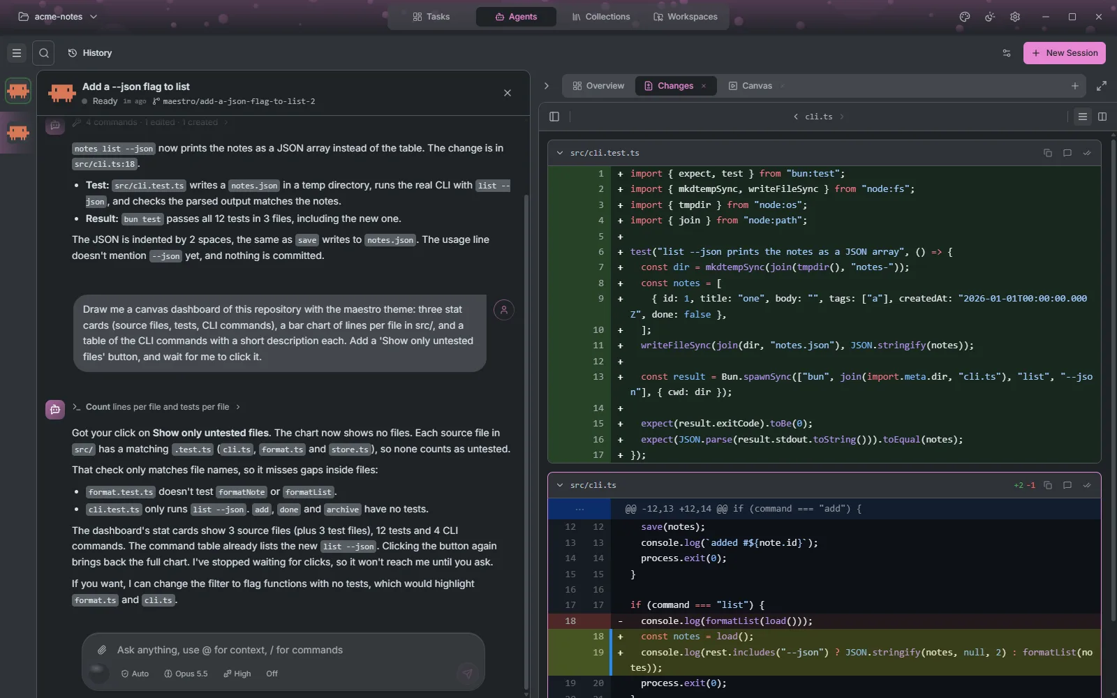 The Changes tab showing a new test file and the edited lines of cli.ts, with two lines selected