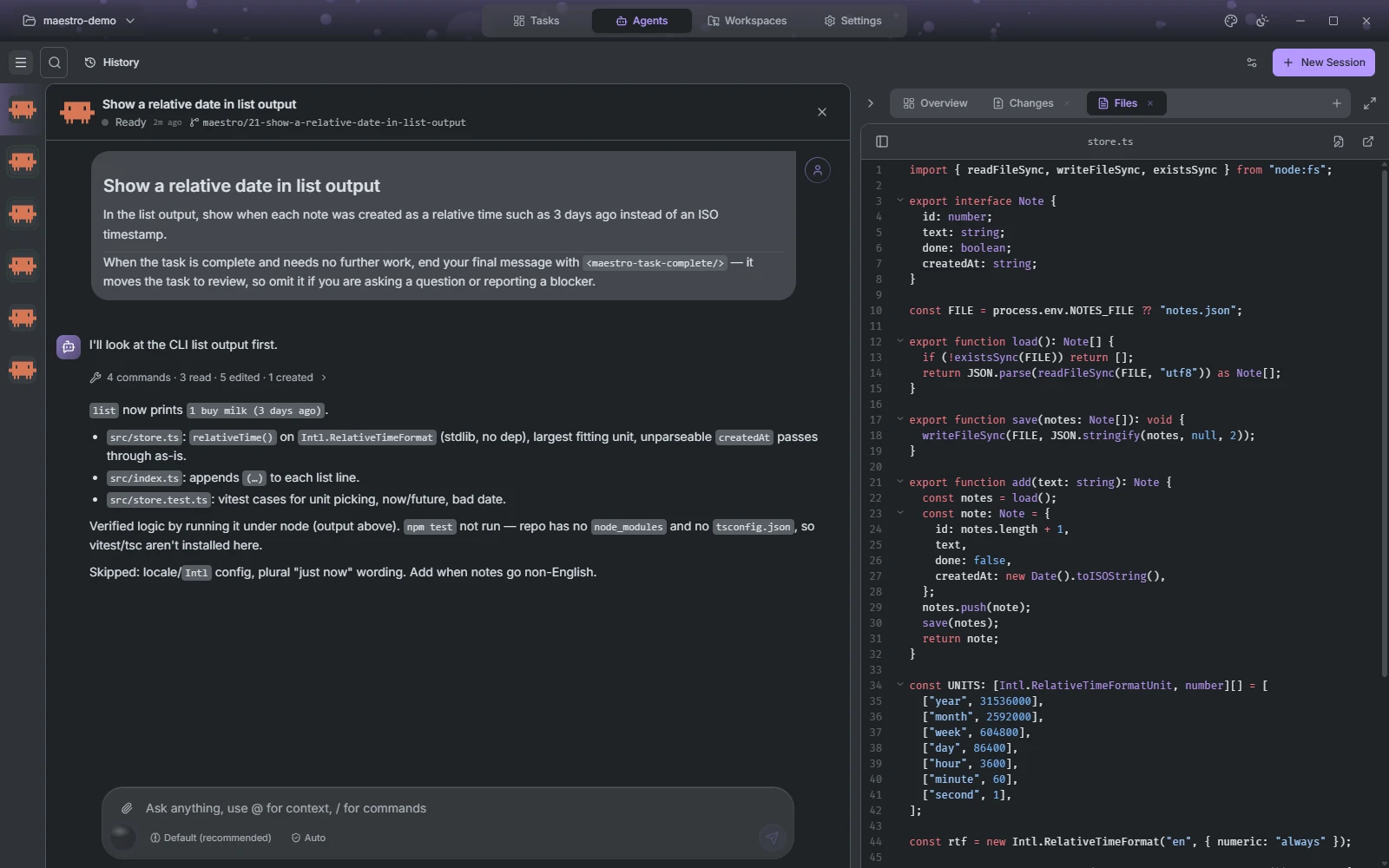 The Files tab of the side panel with store.ts open in the editor next to the agent stream