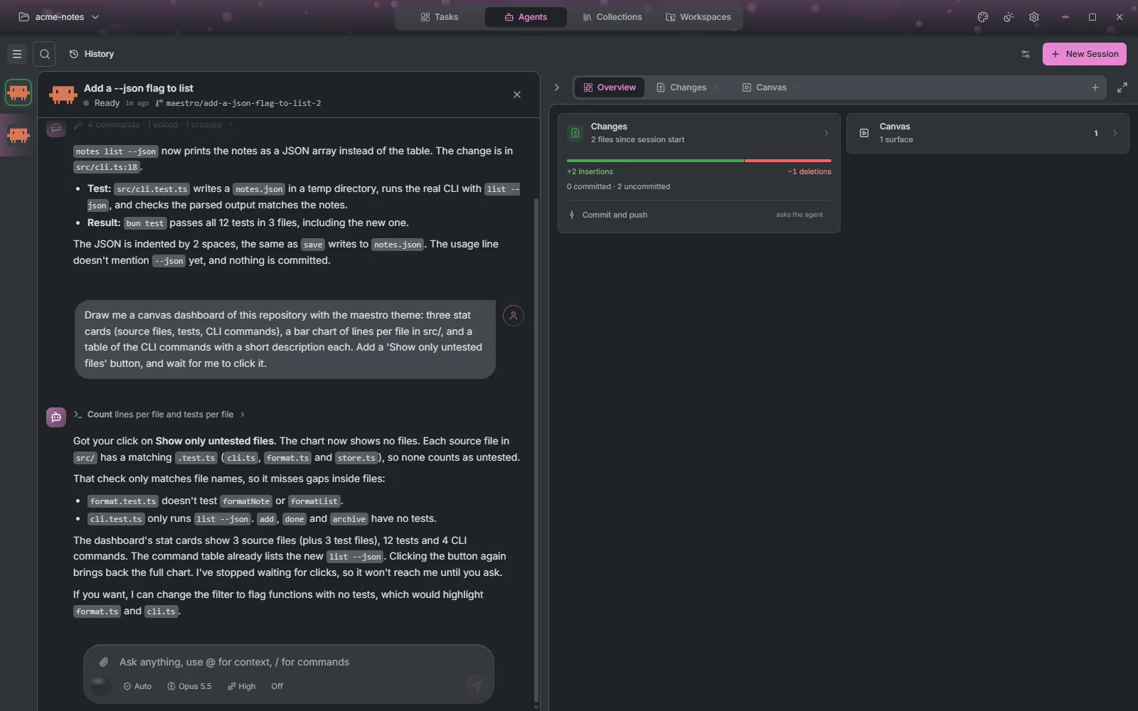 The Overview tab with a Changes card showing two insertions and one deletion, and a Canvas card with one surface
