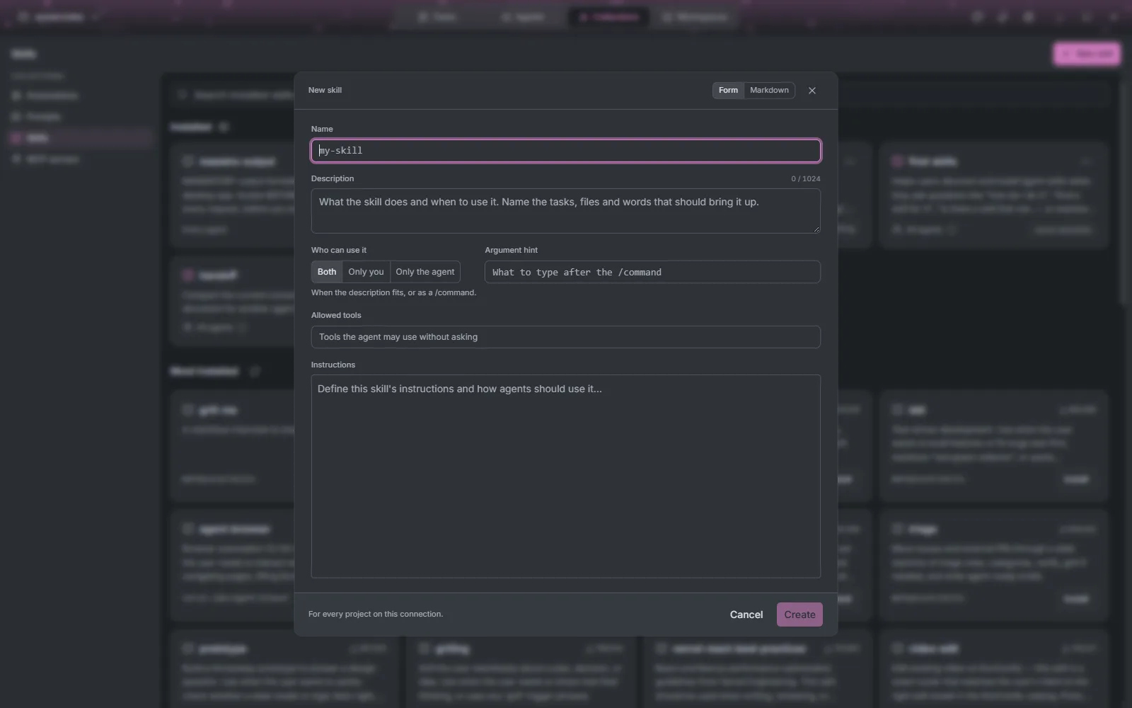 The New skill editor with name, description, who can use it, allowed tools and instructions