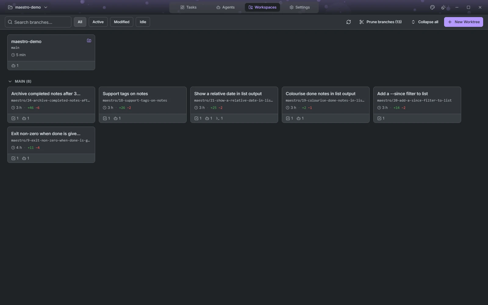 The Workspaces view listing the project's worktrees with their line counts and a Prune branches button